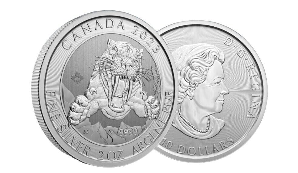 2023 2 ozt Silver Smilodon Sabre Tooth Tiger Coin Royal Canadian Mint .9999 Fine
