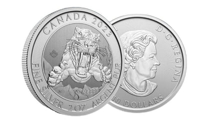 2023 2 ozt Silver Smilodon Sabre Tooth Tiger Coin Royal Canadian Mint .9999 Fine