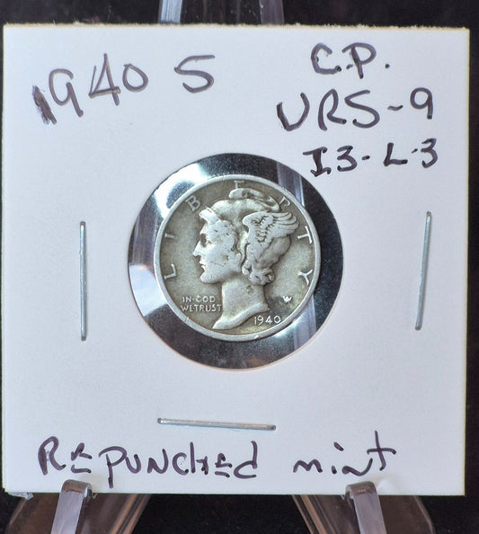 1940-S Mark Mercury Silver Dime Very Fine FS-10-1940S-501 RPM Re-punched Mint