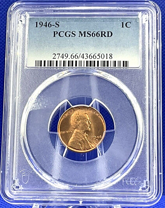 🏅 1946-S Lincoln 1C Wheat Penny 🔥 PCGS  MS66RD 🔥 RED LUSTER SHARP DETAILS ✅
