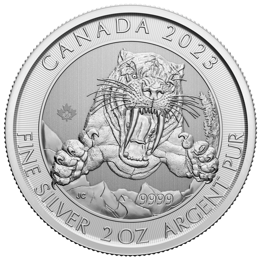 2023 2 ozt Silver Smilodon Sabre Tooth Tiger Coin Royal Canadian Mint .9999 Fine
