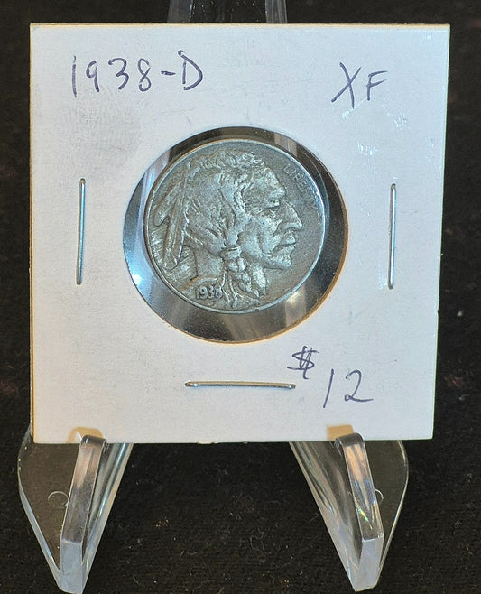1938-D Buffalo Nickel Denver Mint 5C XF+ Bold Date & Mint Mark W/ Full Horn Cape
