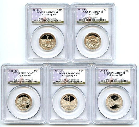 2011 S National Parks 5 Coin Quarter Set PCGS PR69DCAM Special Flag NP Label