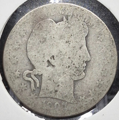 1907 D Barber Silver Quarter 90% SILVER Coin Raw Circulated FR or Less Condition