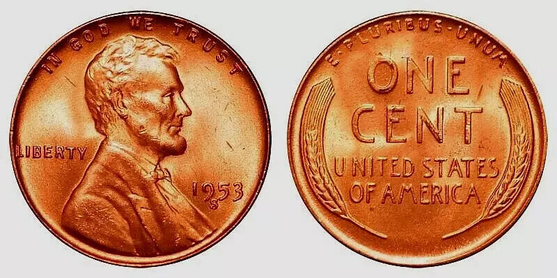 1953-S Lincoln Wheat Cent BU Uncirculated From Original Bank Wrapper Roll OBW