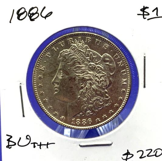 1886 Morgan 90% Silver Dollar BU Gem Shiny, Bright, Well Struck Coin