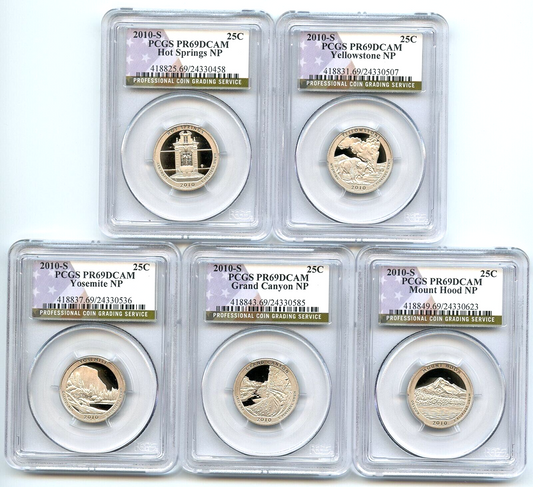2010 S National Parks 5 Coin Quarter Set PCGS PR69DCAM Special Flag NP Label