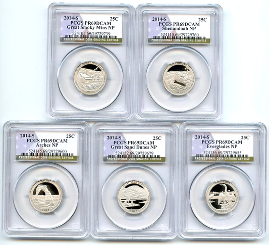 2014 S National Parks 5 Coin Quarter Set PCGS PR69DCAM Special Flag NP Label