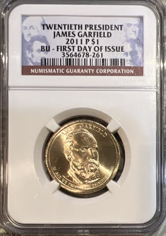 ⭒ 2011 P NGC FIRST DAY OF ISSUE JAMES GARFIELD BU $1 Presidential Coin