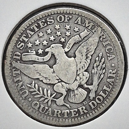 1915 D Barber Silver Quarter 90 % SILVER Vintage Coin Raw Circulated Condition