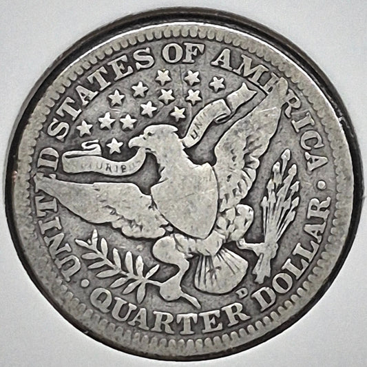 1915 D Barber Silver Quarter 90 % SILVER Vintage Coin Raw Circulated Condition