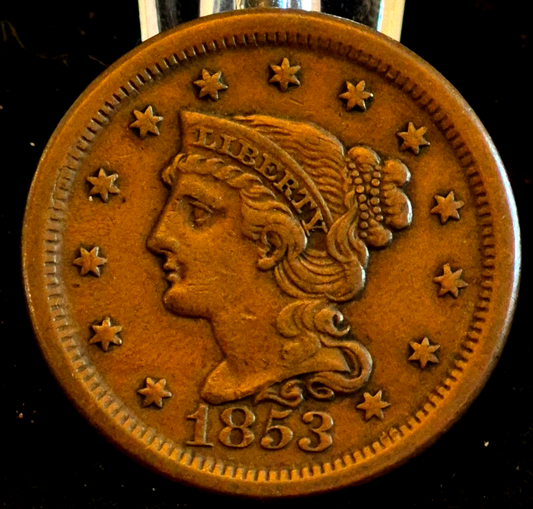 1853 Braided Hair Large Cent Beautiful AU Details Full Liberty Rich Brown Color