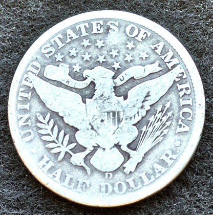 1908 D Barber Half Dollar 90% Silver 50C Circulated Condition
