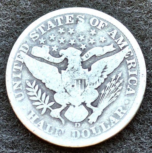 1908 D Barber Half Dollar 90% Silver 50C Circulated Condition