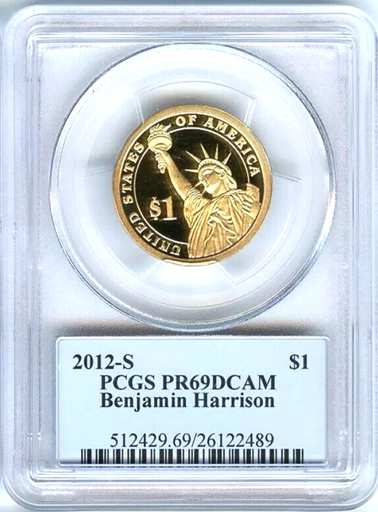 ✅ 2012 S Benjamin Harrison Presidential Dollar PCGS PR69DCAM Photo Label