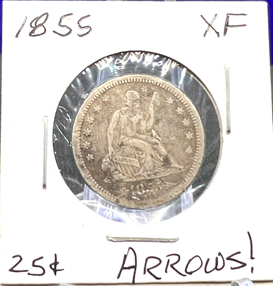 1855-P Seated Liberty 90% Silver Quarter ARROWS ONLY Collectible 25c Coin