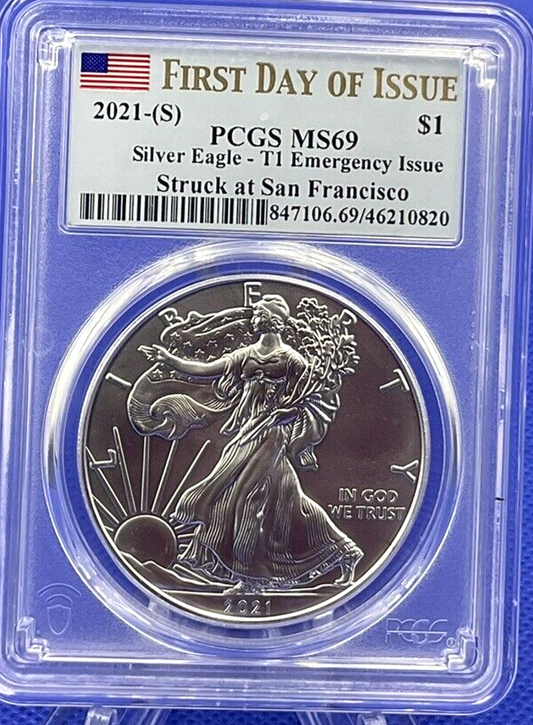 2021-(S)  ✅ $1 American Silver Eagle PCGS Type 1 Emergency ✅ FIRST DAY OF ISSUE