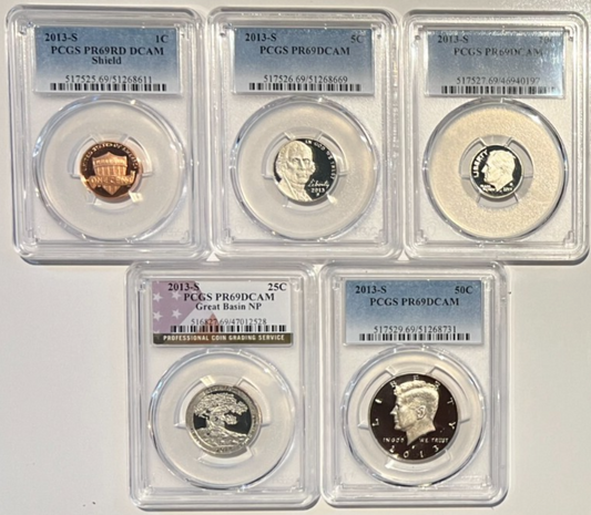 ⭒ 2013-S Proof Set Date 5 Coin Newly Graded PCGS PR69 DCAM Perfect Gift