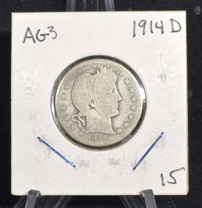 1914 D Barber Silver Quarter 90 % SILVER About Good Condition Partial Motto