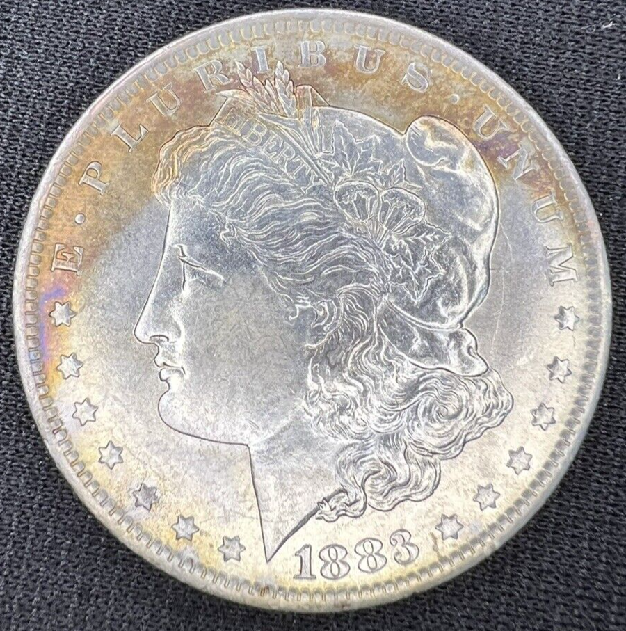 1883 O Morgan Dollar Silver MS $1 Gold & Blue Steel Tone Coin Obverse DIE CRACK