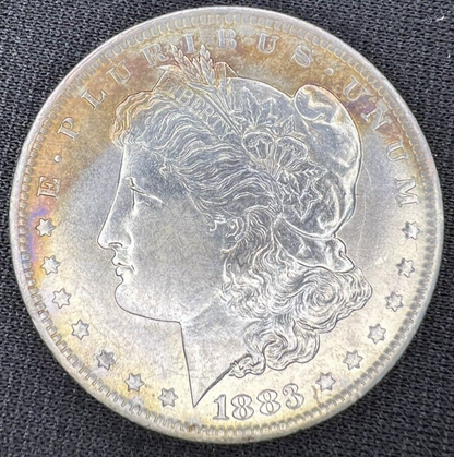 1883 O Morgan Dollar Silver MS $1 Gold & Blue Steel Tone Coin Obverse DIE CRACK