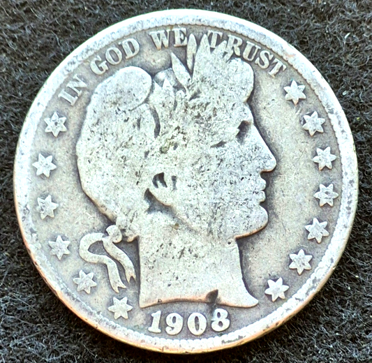 1908 D Barber Half Dollar 90% Silver 50C Circulated Condition