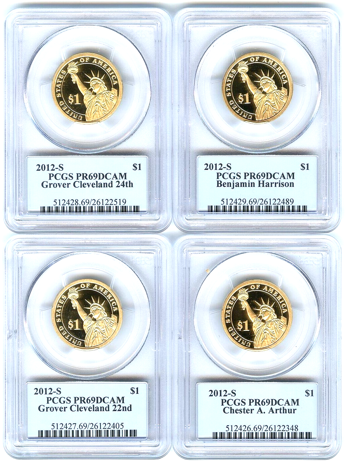 ✅ 2012 S Presidential Dollars 4 Coin Set PCGS PR69DCAM Arthur Cleveland Harrison
