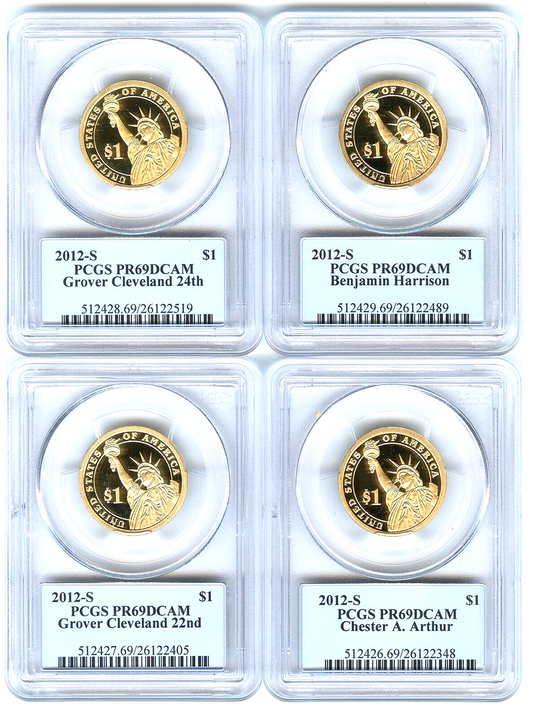 ✅ 2012 S Presidential Dollars 4 Coin Set PCGS PR69DCAM Arthur Cleveland Harrison