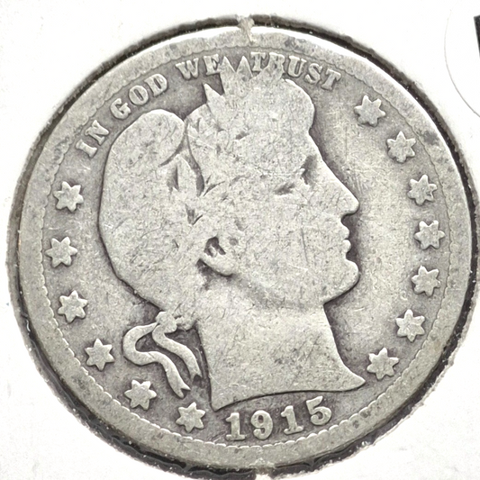 1915 D Barber Silver Quarter 90 % SILVER Vintage Coin Raw Circulated Condition