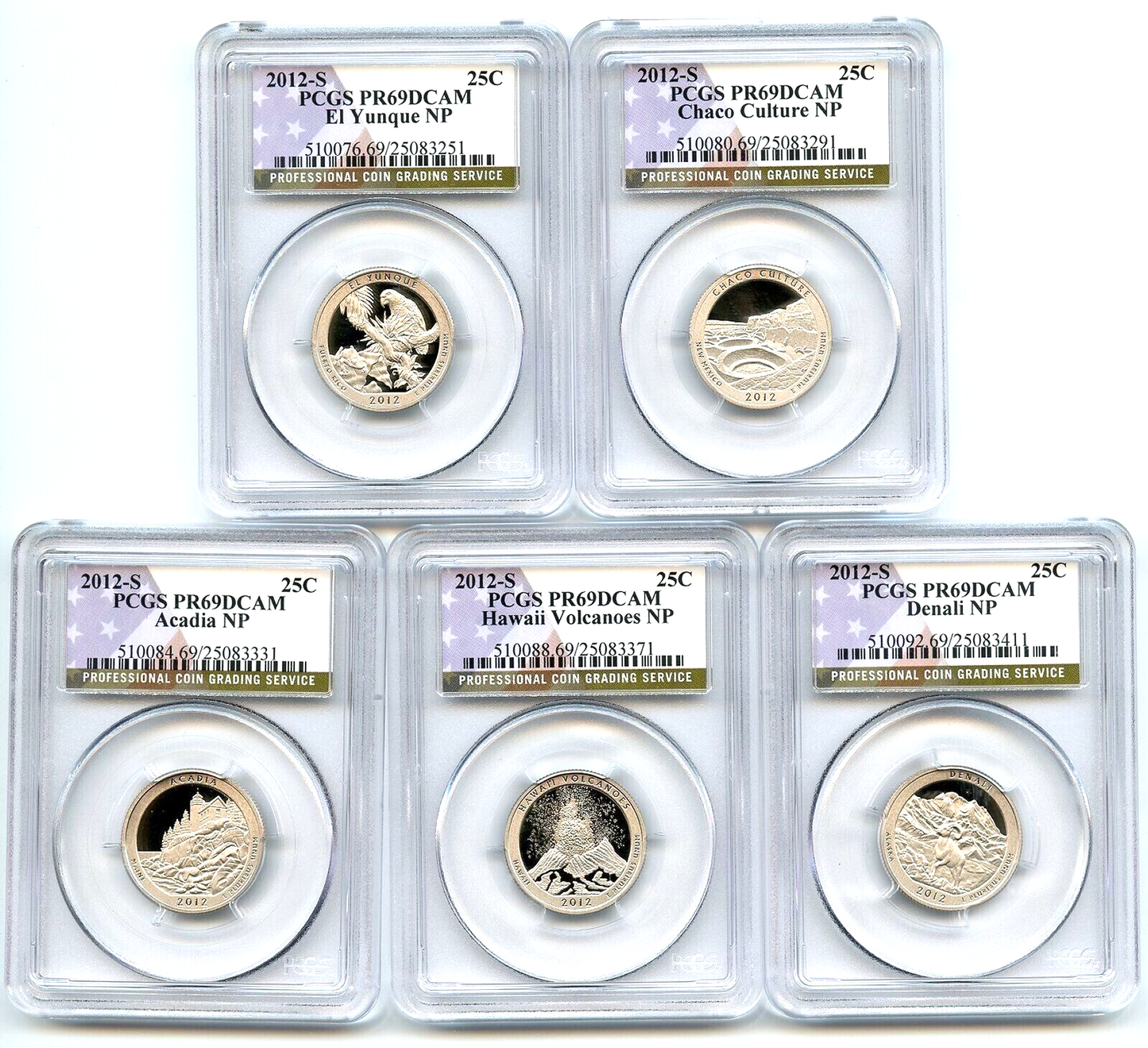 2012 S National Parks 5 Coin Quarter Set PCGS PR69DCAM Special Flag NP Label