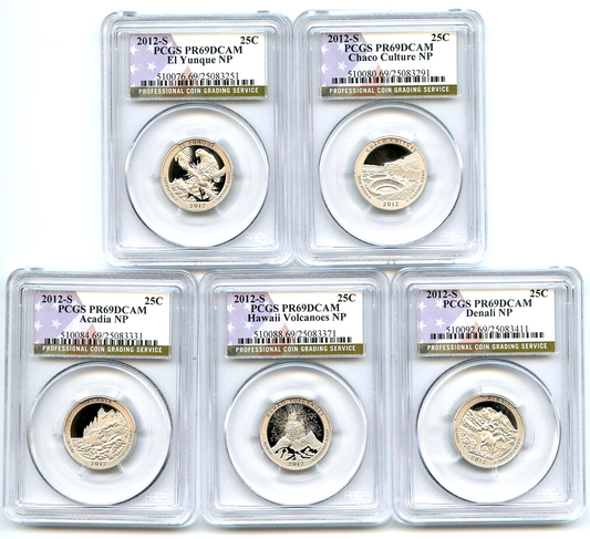 2012 S National Parks 5 Coin Quarter Set PCGS PR69DCAM Special Flag NP Label