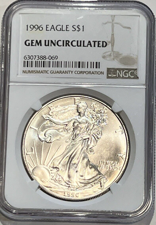 1996 American Silver Eagle NGC Graded GEM UNCIRCULATED Bright WHITE $1 Coin