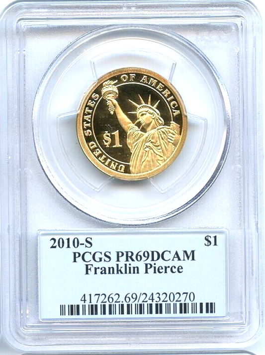 ✅ 2010 S $1 Franklin Pierce Dollar PCGS PR69 DCAM Presidential Dollar Coin Photo