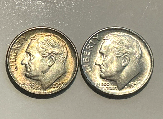 {2 Coins} 1957-D SUPER TONED Roosevelt Dime 90% Silver End Roll Coins from OBW