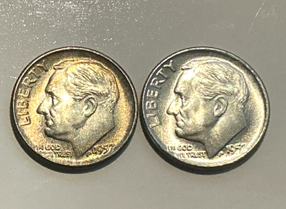 {2 Coins} 1957-D SUPER TONED Roosevelt Dime 90% Silver End Roll Coins from OBW