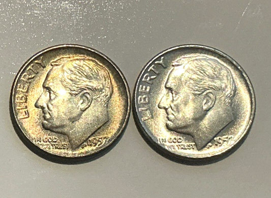 {2 Coins} 1957-D SUPER TONED Roosevelt Dime 90% Silver End Roll Coins from OBW