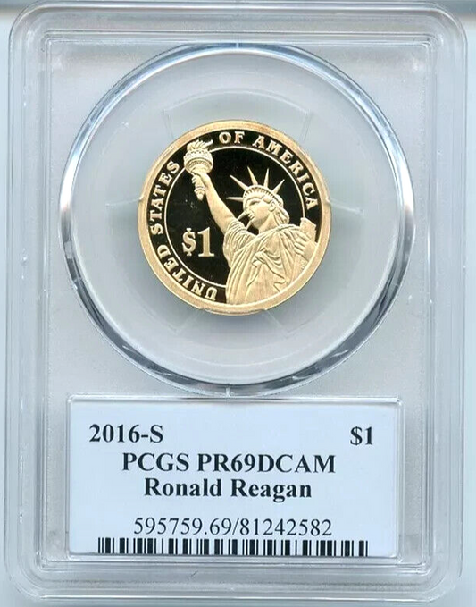 ✅ 2016 S Ronald Reagan Presidential Dollar PCGS PR69DCAM Photo Label KEY DATE !