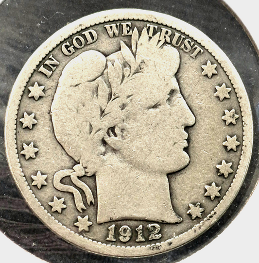 1912 Barber Half Dollar 90% Silver 50C Full Motto, Full Rims, Partial Liberty