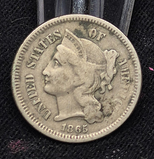 🔥 1865 Liberty Head Three Cent Nickel 3c Civil War Coin Rare Key Date VF