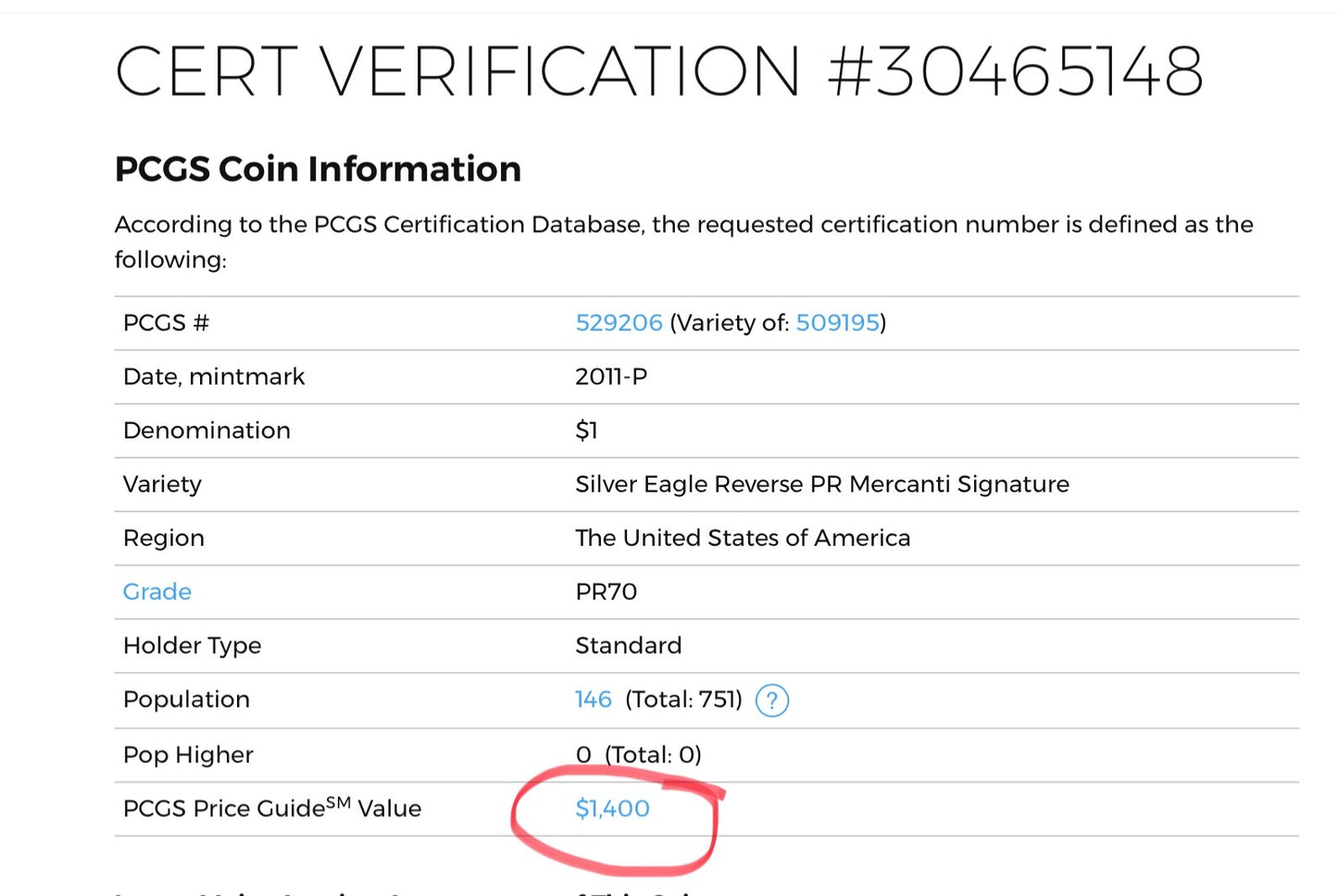 ✅ 2011-P Reverse Proof Silver Eagle PCGS PR70 JOHN MERCANTI Autographed Label