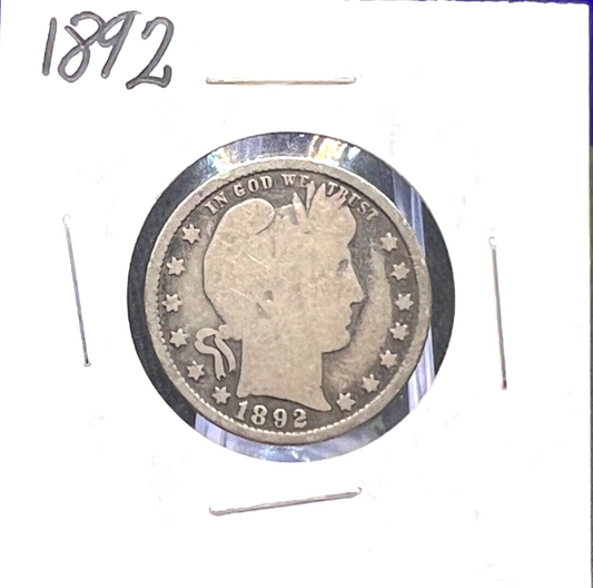 1892 Barber 90% Silver Quarter First Year Semi-Key Date 25c Coin