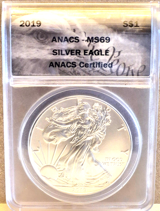 2019 American Silver Eagle One Dollar Coin Graded by ANACS as Near Perfect MS69