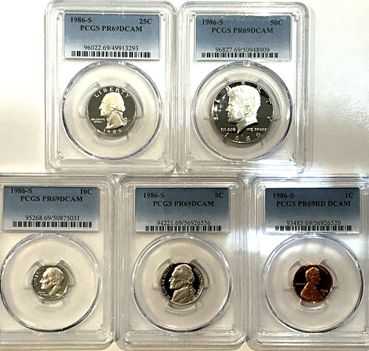 1986-S 5 Coin Proof Date Set PCGS PR69 DCAM Newly Graded Coins